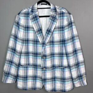 Tallia sport coat blazer men's 46R plaid 100% Linen light colors white old money